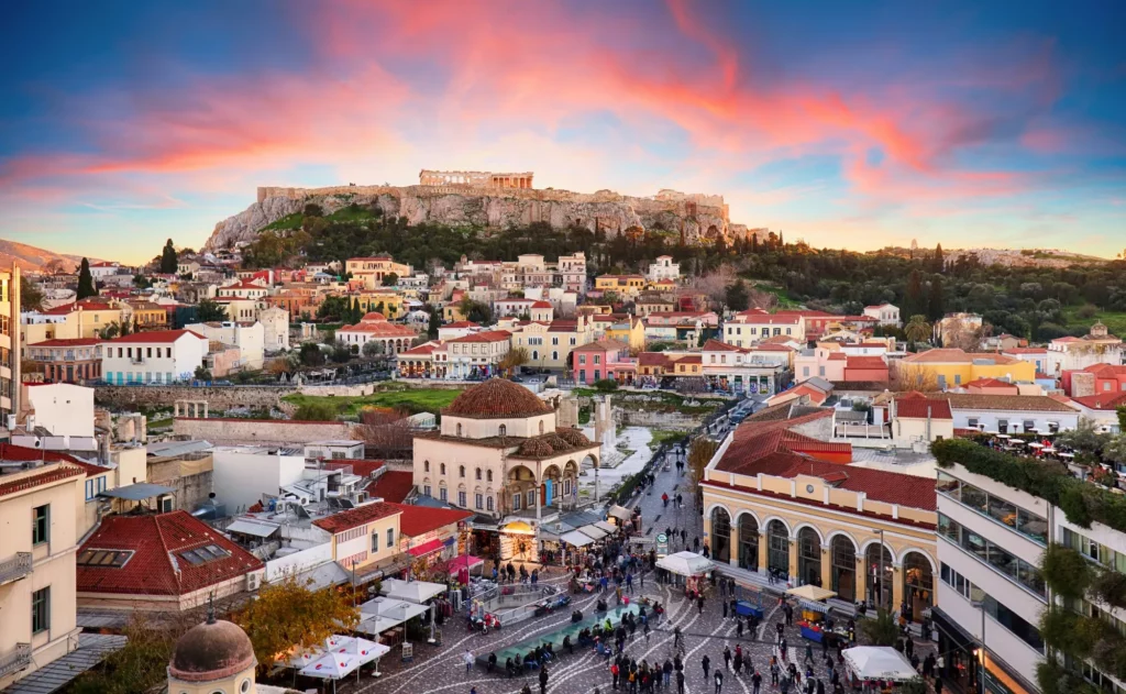 Athens, Greece -  Monastiraki Square and ancient Acropolis