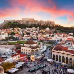 Athens, Greece -  Monastiraki Square and ancient Acropolis