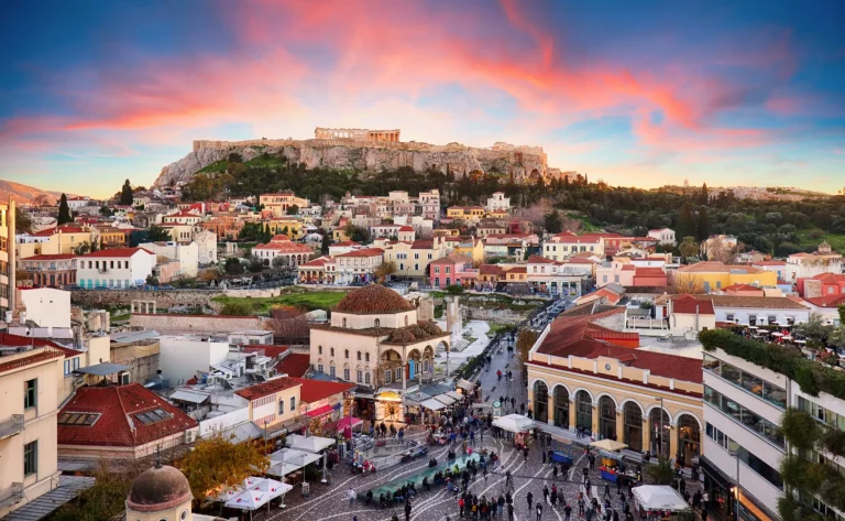 Athens, Greece -  Monastiraki Square and ancient Acropolis