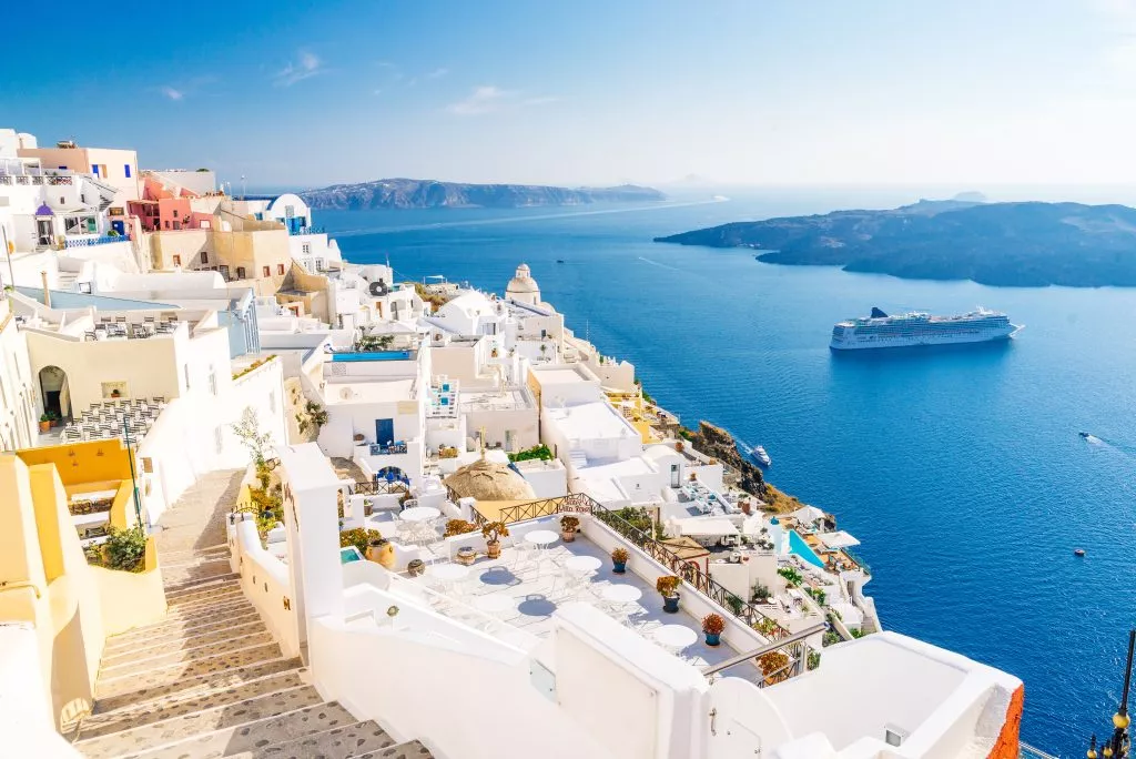 Fira capital of Santorini island and the view of volcanic caldera, Santorini, Greece