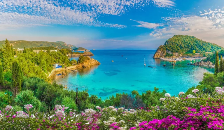 Panoramic view of Paleokastritsa lagoon bay on Corfu island, Greece