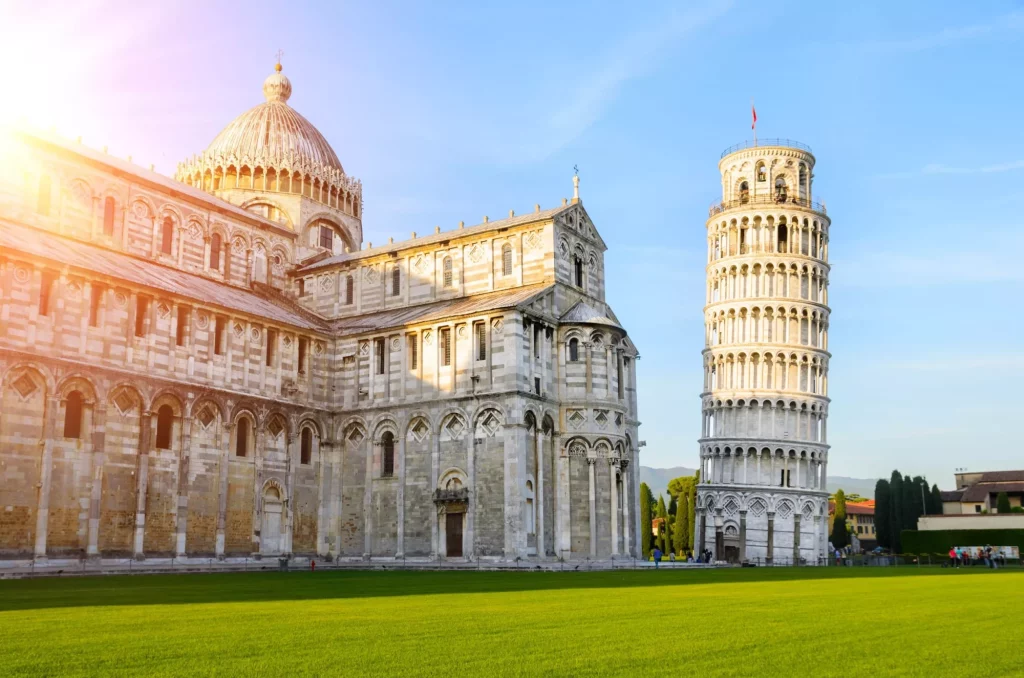 Sunset view of Leaning Tower of Pisa, Tuscany, Italy