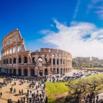 The Roman Colosseum (Coloseum) in Rome, Italy wide panoramic view