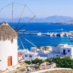 View of Mykonos and the famous windmill from above, Mykonos island, Cyclades, Greece